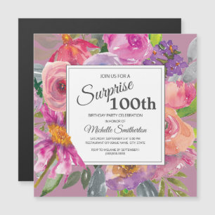 Convite Magnético Quadrado de flor-de-rosa púrpura 100ª Festa de a
