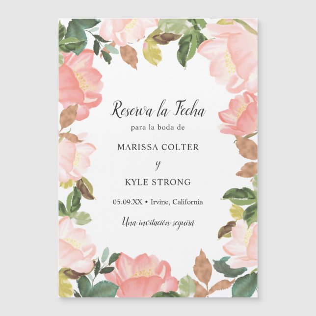 Convite Magnético Quadro Floral Rosa Casamento Espanhol Salvar a Dat (Frente)