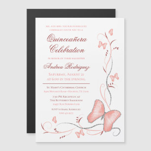 Convite Magnético Quinceañera - Borboleta Rosa e Rochas