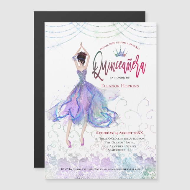 Convite Magnético Quinceanera Elegante Blue Lilac (Frente/Verso)