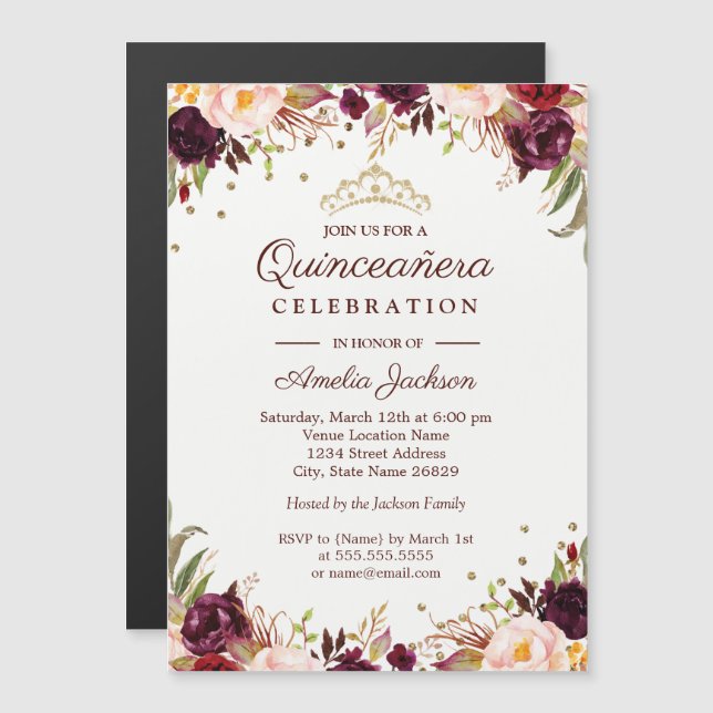Convite Magnético Quinceanera Floral Elegante Dourada Burgundy (Frente/Verso)