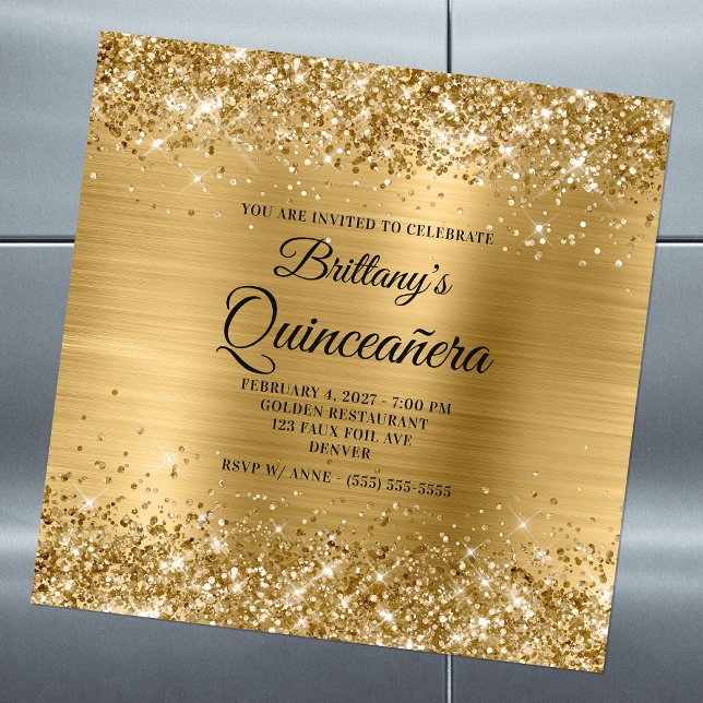 Convite Magnético Quinceañera Glittery Dourado (Criador carregado)