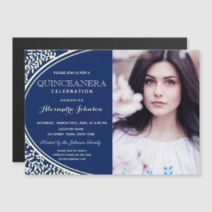 Convite Magnético Quinceanera Luxo Elegante Azul Real & Ouro Foto