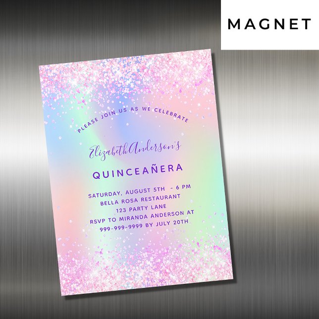 Convite Magnético Quinceanera, luxo holográfico roxo, cor-de-rosa (Criador carregado)
