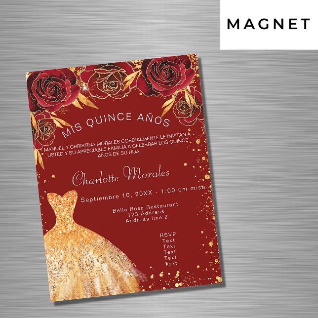 Convite Magnético Quinceanera red gold dress flores luxuosas (Criador carregado)
