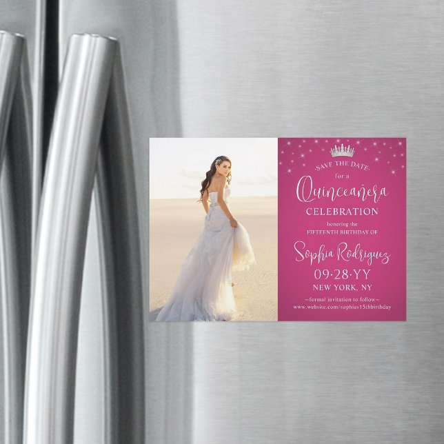 Convite Magnético Quinceañera Salve a Data Foto Fuschia Rosa (Criador carregado)