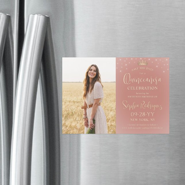 Convite Magnético Quinceañera Salve a data Foto Rosa Dourada Sparkle (Criador carregado)