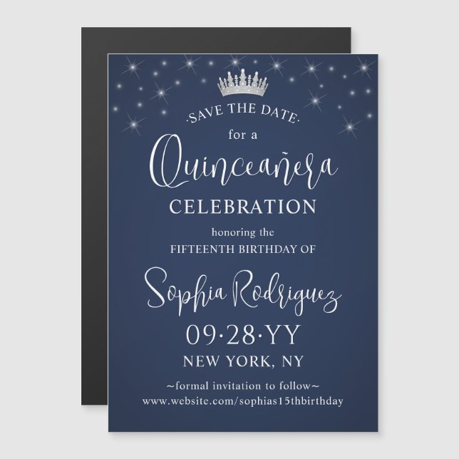 Convite Magnético Quinceañera Save the Date Elegant Navy Blue (Frente/Verso)