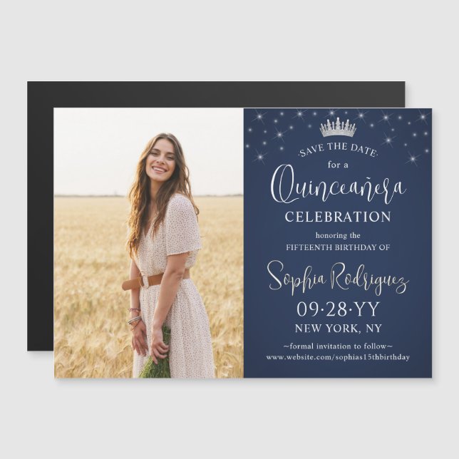 Convite Magnético Quinceañera Save the Date Photo Navy Blue Stars (Frente/Verso)