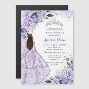 Convite Magnético Quinceañera Sweet 16 Lavanda Roxa Prata Floral