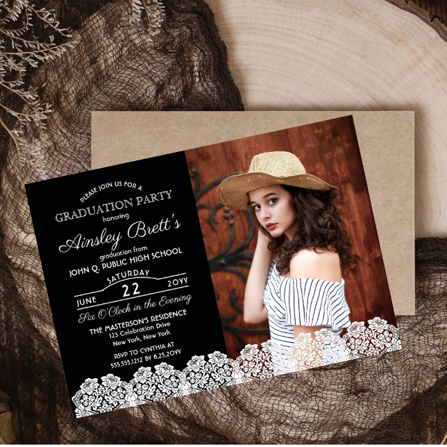 Convite Magnético Rastreio Russo Country | Festa de formatura de fot (Rustic Country Lace Photo High School Graduation Announcement and Party Invitation - Print | Digital)