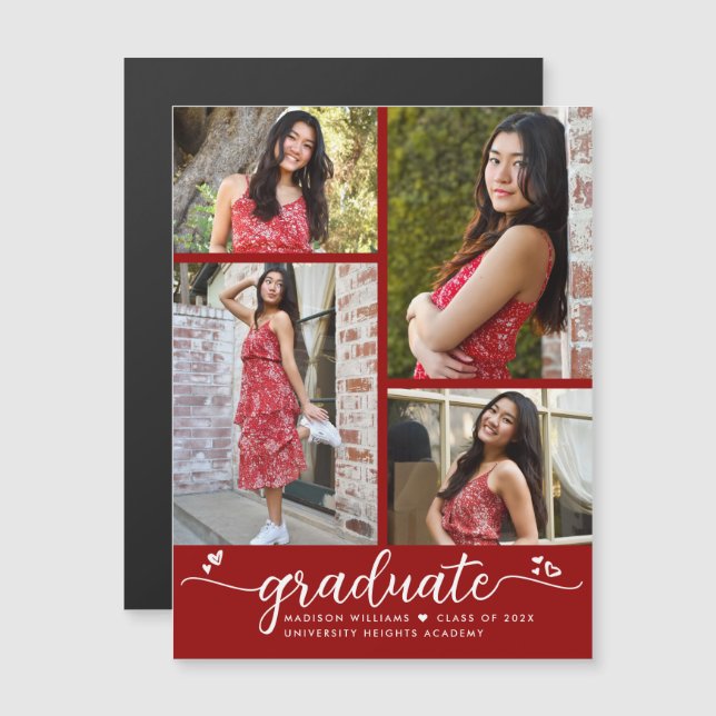 Convite Magnético Red Graduation 4 Photo Script Heart Modern Girly (Frente/Verso)
