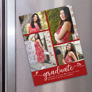 Convite Magnético Red Graduation 4 Photo Script Heart Modern Girly