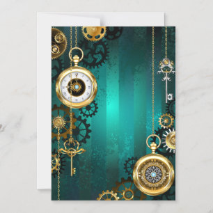 Convite Magnético Relógio de Joia Steampunk em um Fundo Verde
