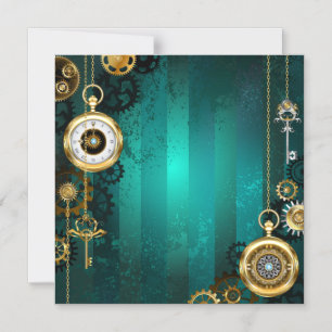 Convite Magnético Relógio de Joia Steampunk em um Fundo Verde