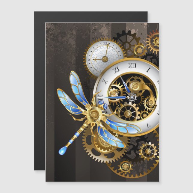 Convite Magnético Relógio Steampunk com Dragonfly Mecânica (Frente/Verso)