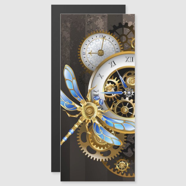 Convite Magnético Relógio Steampunk com Libélula Mecânica (Frente/Verso)