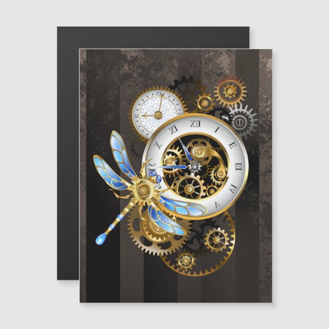 Convite Magnético Relógio Steampunk com Libélula Mecânica (Frente/Verso)