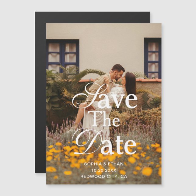 Convite Magnético Retro Elegant Script Photo Wedding Save The Date (Frente/Verso)