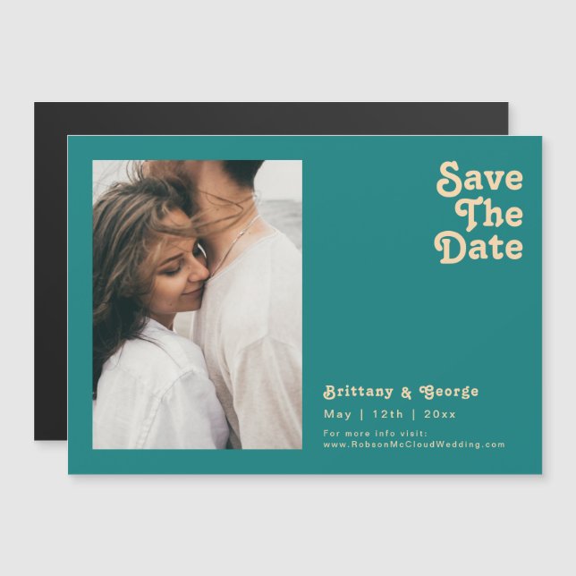 Convite Magnético Retro Moderno | Teal Horizontal Salvar A Data (Frente/Verso)