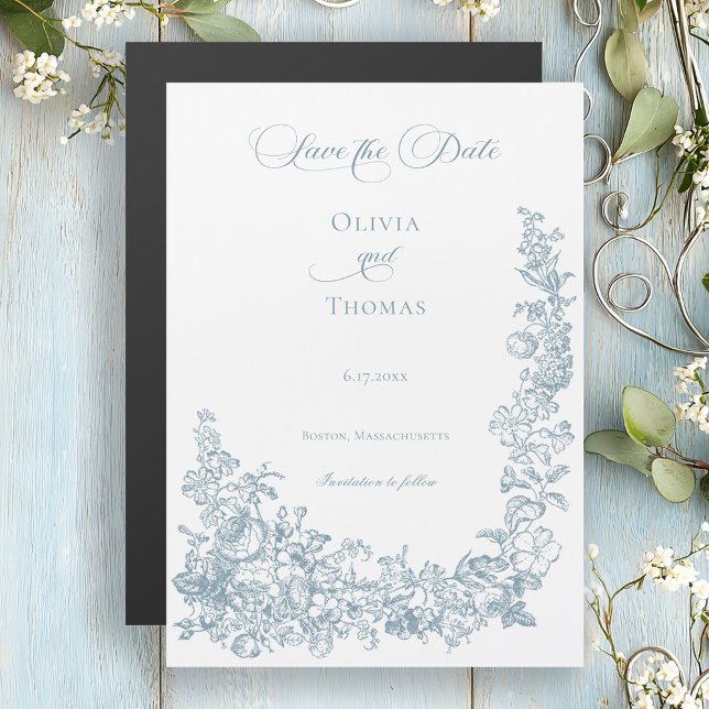 Convite Magnético Romantic Dusty Blue Line Art Floral Wedding (Criador carregado)