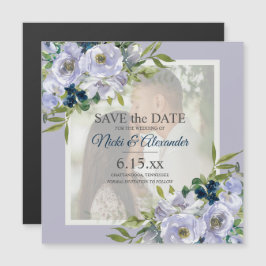 Convite Magnético Romântico Azul Empolado Branco Floral Foto Salvar