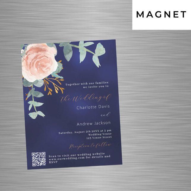 Convite Magnético Rosa ouro floral marinho azul QR RSVP casamento lu (Criador carregado)