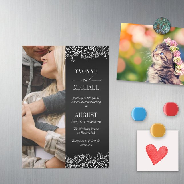 Convite Magnético Rosa preto branco esboça casamento de fotos (Criador carregado)