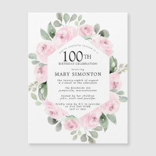 Convite Magnético Rosa Rosa Floral Eucalipto 100º Aniversário