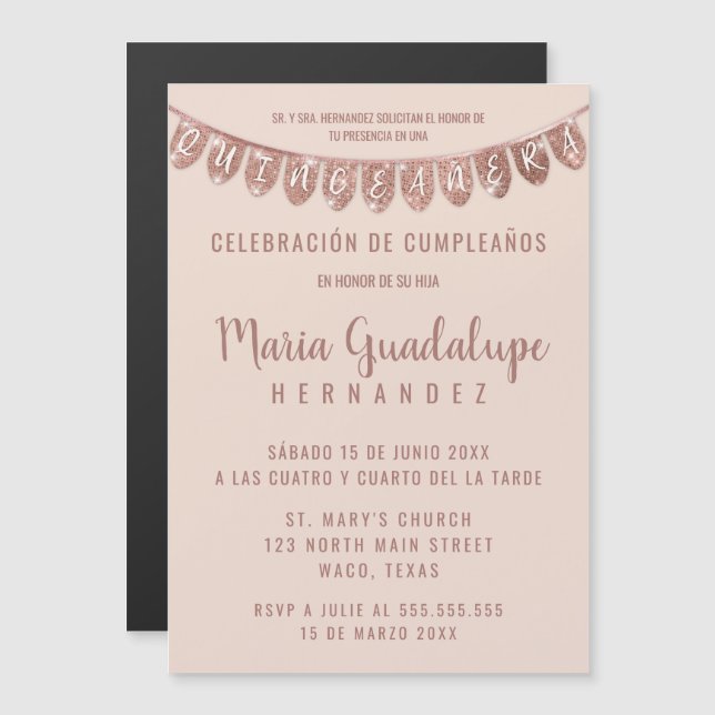 Convite Magnético Rosa Rosa rosa Dourada Banner Español Quinceañera (Frente/Verso)