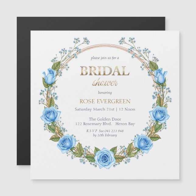 Convite Magnético Rosas Azul Poeira Elegantes e Respiração de Bebê (Frente/Verso)