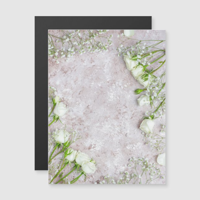 Convite Magnético Rosas Brancas de Casamento (Frente/Verso)