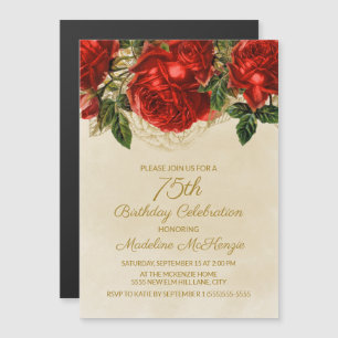 Convite Magnético Rosas Vermelhas Elegantes Vintage para Aniversário