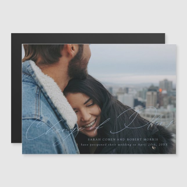 Convite Magnético Roteiro Azul Celeste para Mudança de Data de Casam (Frente/Verso)