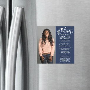 Convite Magnético Roteiro Moderno Azul Marinho e Branco 1 Foto Gradu