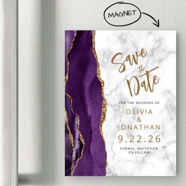 Convite Magnético Roxo Ágata Mármore Casamento Salve a Data (Criador carregado)