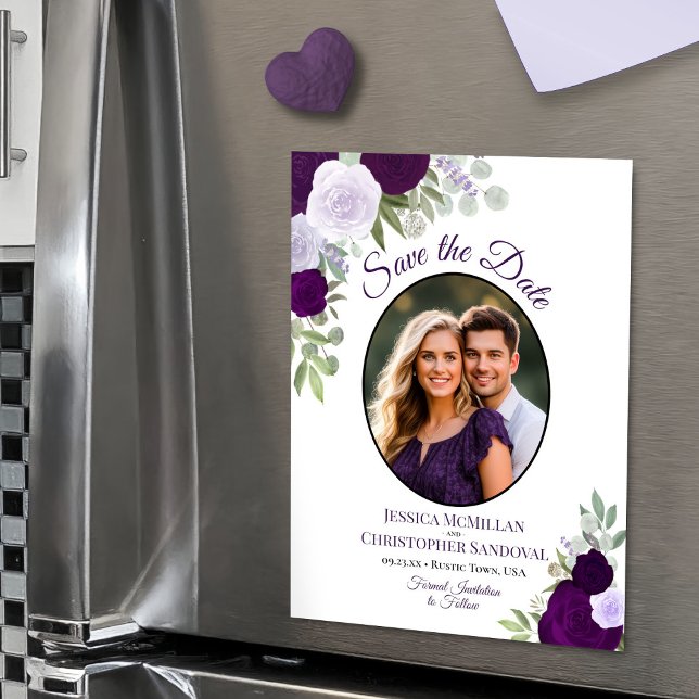 Convite Magnético Roxo Boho Floral e Foto de Casamento Save the Date (Magnetic Card for Easy Display!)