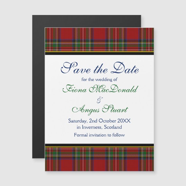 Convite Magnético Royal Stuart Tartan Wedding Salve o ímã de data (Frente/Verso)