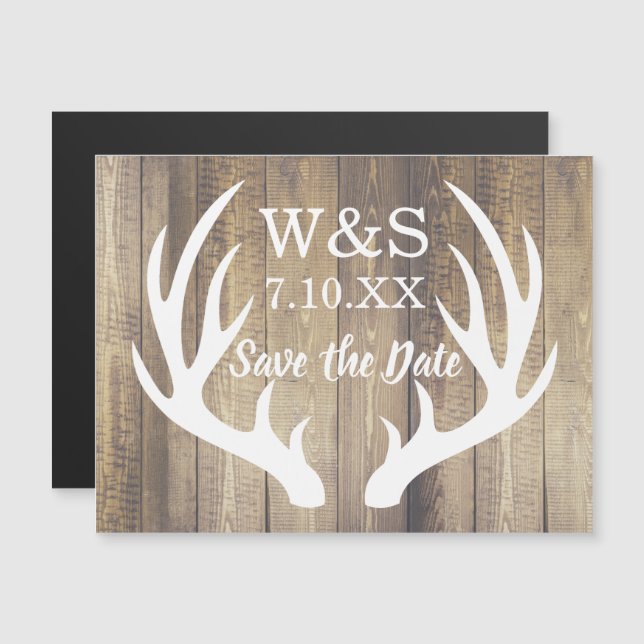Convite Magnético Rustic Barn Wood Planks White Deer Antlers (Frente/Verso)
