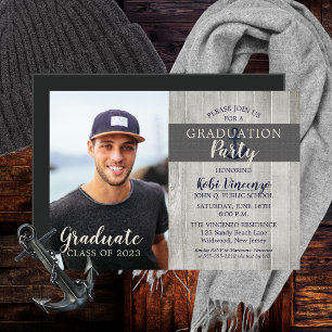Convite Magnético Rustic Beach Nautical Photo Graduation Party
