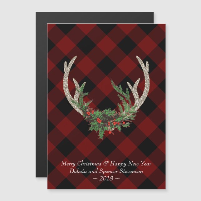 Convite Magnético Rustic Boho Deer Antlers | Christmas Plaid Floral (Frente/Verso)