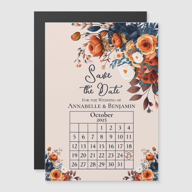 Convite Magnético Rustic Burnt Orange and Blue Weding Save the Date (Frente/Verso)