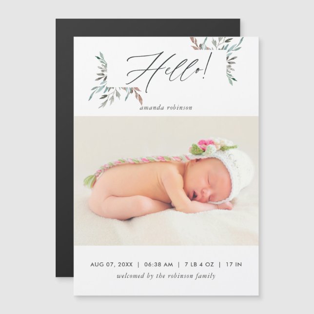 Convite Magnético Rustic Greenery Winter Baby Girl Foto Birth (Frente/Verso)