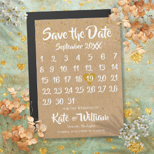 Convite Magnético Rustic Kraft Love Heart Calendar Salvar a Data
