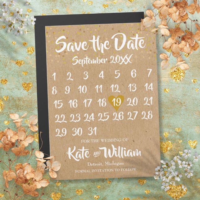 Convite Magnético Rustic Kraft Love Heart Calendar Salvar Data (Rustic Kraft Love Heart Calendar Save the Date Magnetic Invitation)