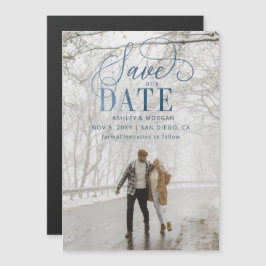 Convite Magnético Rustic Modern Blue Script Photo Save the Date