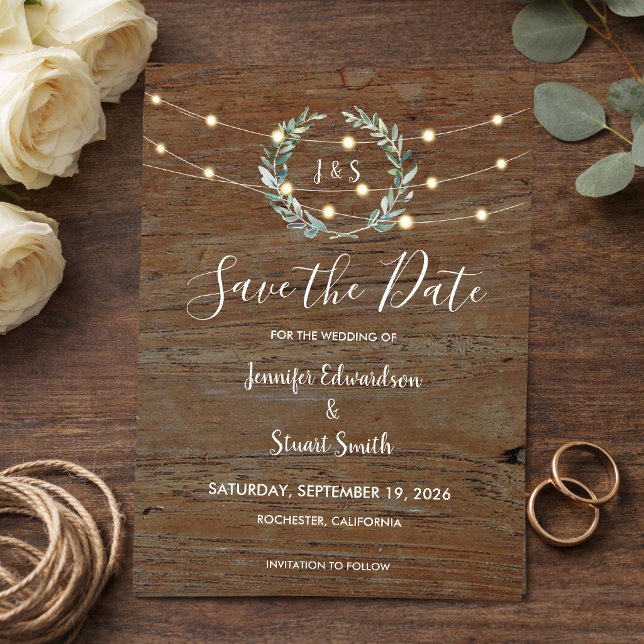Convite Magnético Rustic wood string lights Save the Date (Rustic wood string of lights Save the Date Magnetic Invitation. For your rustic country wedding.)