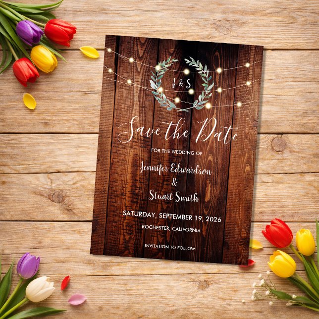 Convite Magnético Rustic wood string lights Save the Date (Rustic wood string lights Save the Date Magnetic Invitation.)