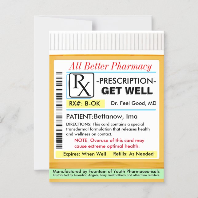 Convite Magnético RX Prescription for Health Get Well Card (Frente)