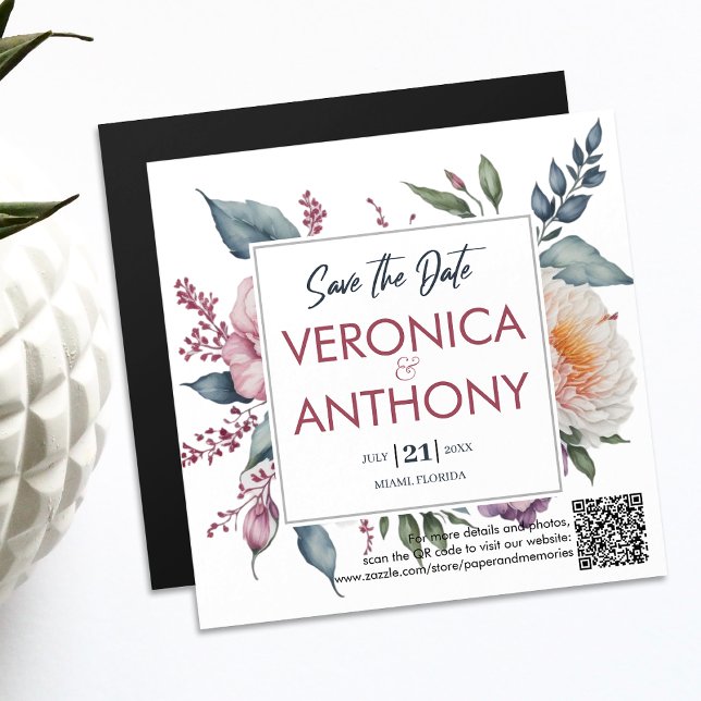 Convite Magnético Salvamento Floral Elegante Data Código QR Casament (Save the Date magnetic card with a QR code. Your guests can easily check your wedding details online)